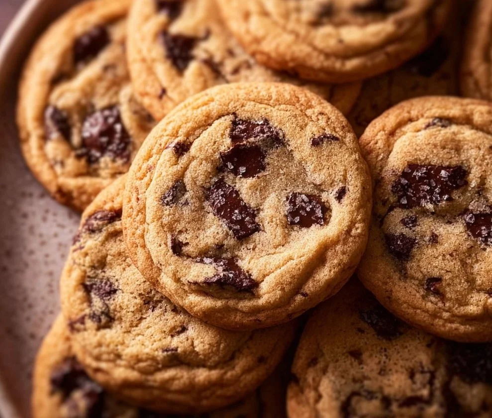 Freshly baked chewy chocolate chip cookies on a cooling rack