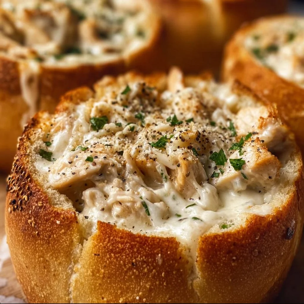 Chicken Alfredo Garlic Bread Bowls with creamy sauce and fresh ingredients