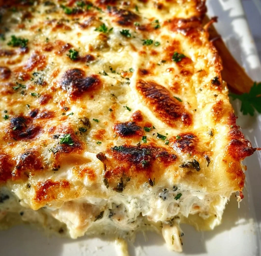 Delicious Chicken Alfredo Lasagna with cheesy layers and tender chicken pieces