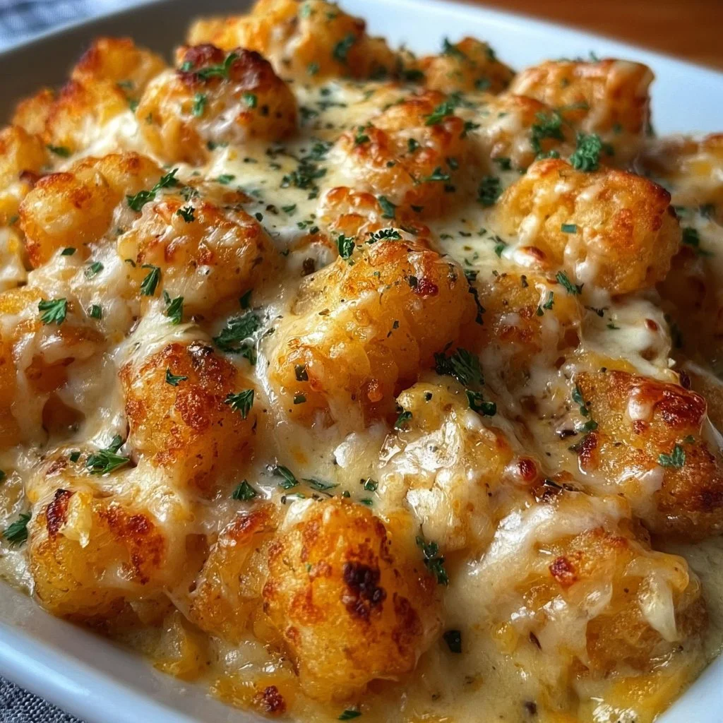 Delicious Chicken Alfredo Tater Tot Casserole served in a baking dish
