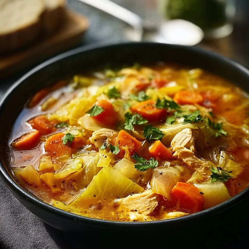 Bowl of Chicken and Cabbage Soup garnished with herbs and vegetables