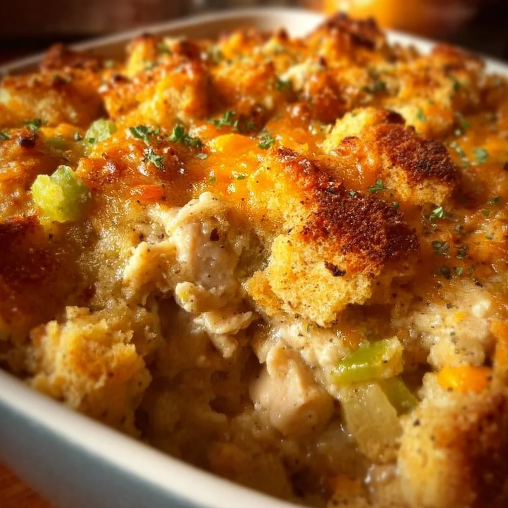 Delicious chicken and dressing casserole served in a baking dish