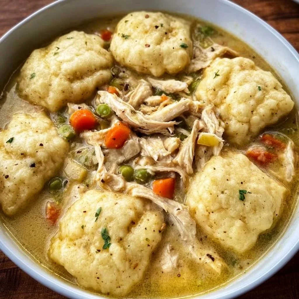 Delicious bowl of Chicken and Dumplings garnished with herbs