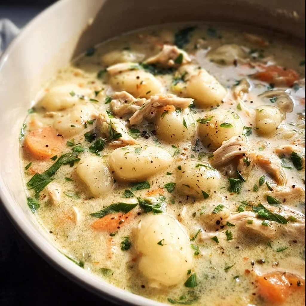 Creamy Chicken Gnocchi Soup garnished with herbs and served in a bowl