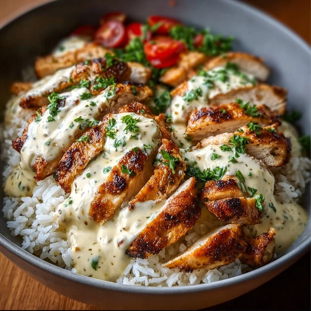 Delicious chicken rice bowl drizzled with creamy garlic sauce