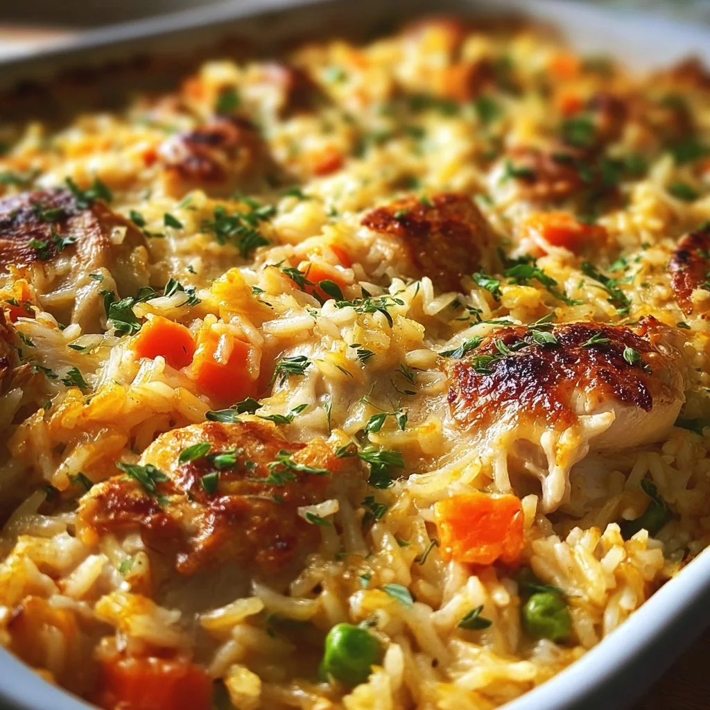 Delicious Chicken and Rice Casserole topped with cheese and herbs