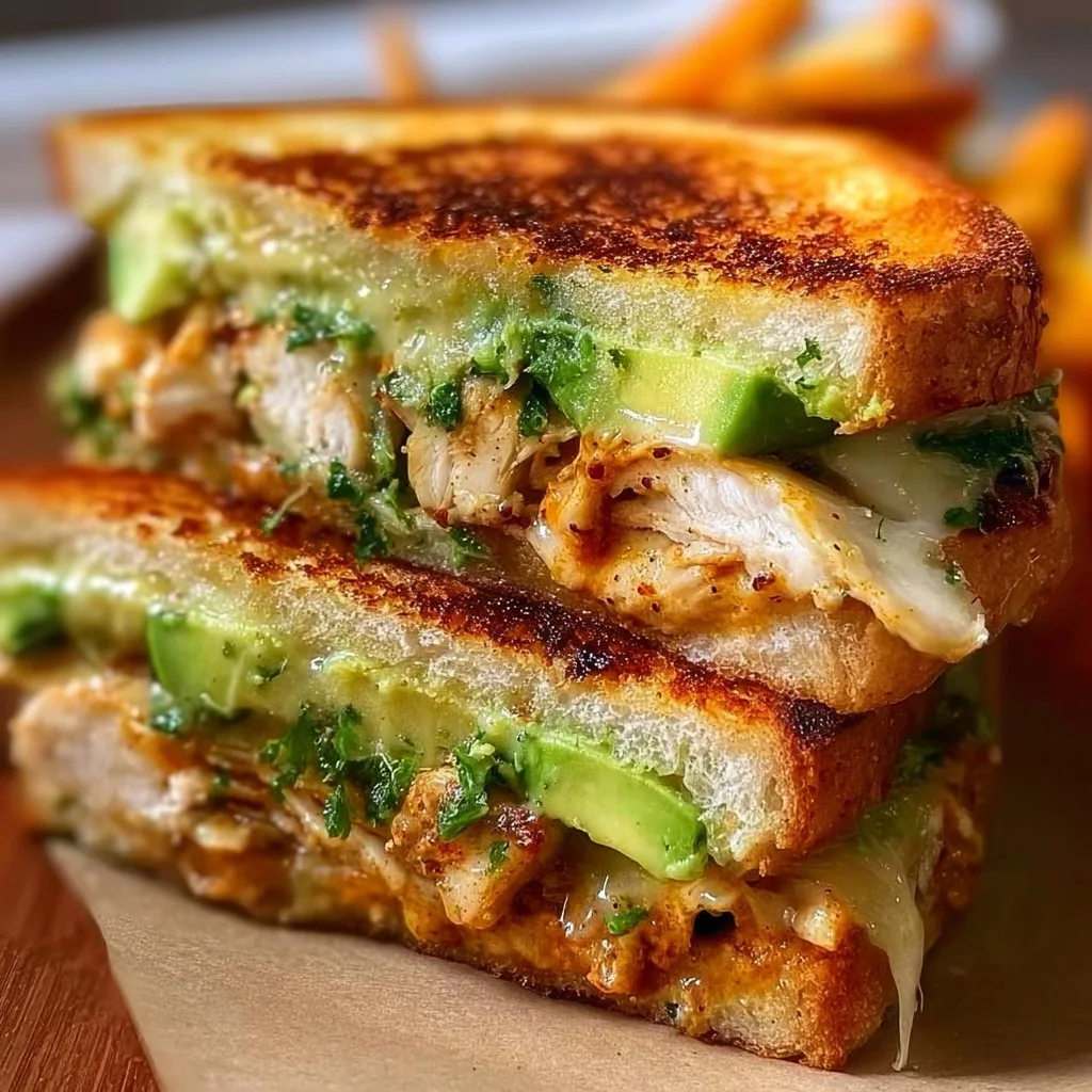 Delicious Chicken Avocado Melt Sandwich with melted cheese and fresh ingredients