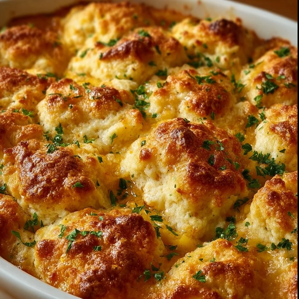 Delicious Chicken Biscuit Bake Casserole with bubbling chicken and flaky biscuits
