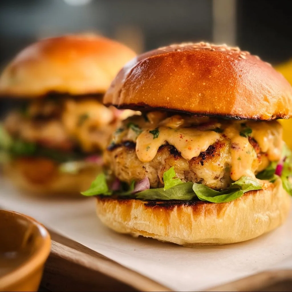 Chicken burgers topped with spicy bang-bang sauce on a plate
