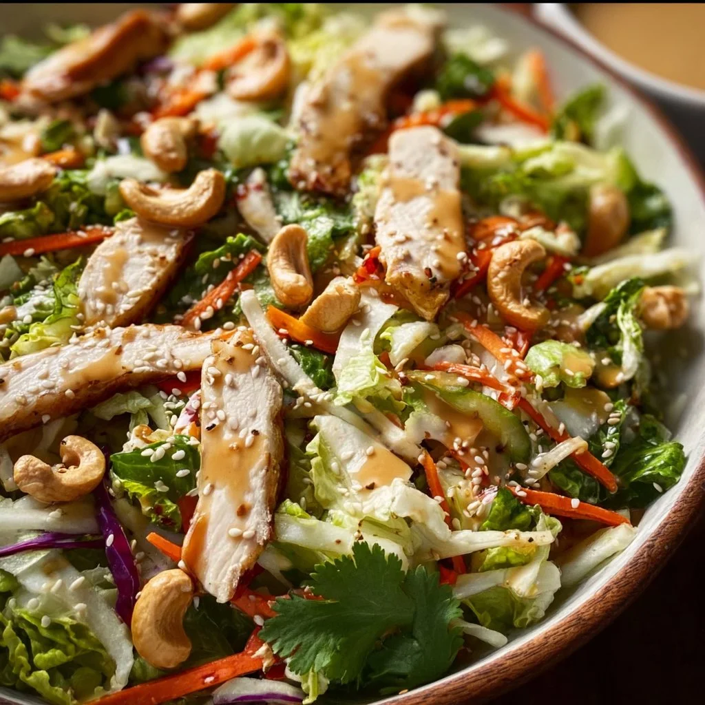 Chicken Cashew Crunch Salad with sesame-teriyaki dressing and fresh vegetables