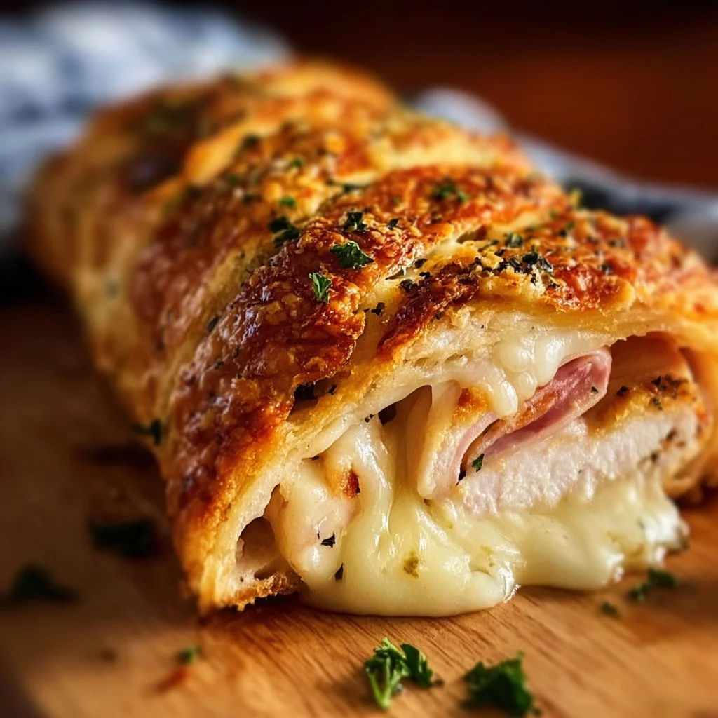 Delicious Chicken Cordon Bleu Stromboli filled with chicken, ham, and cheese