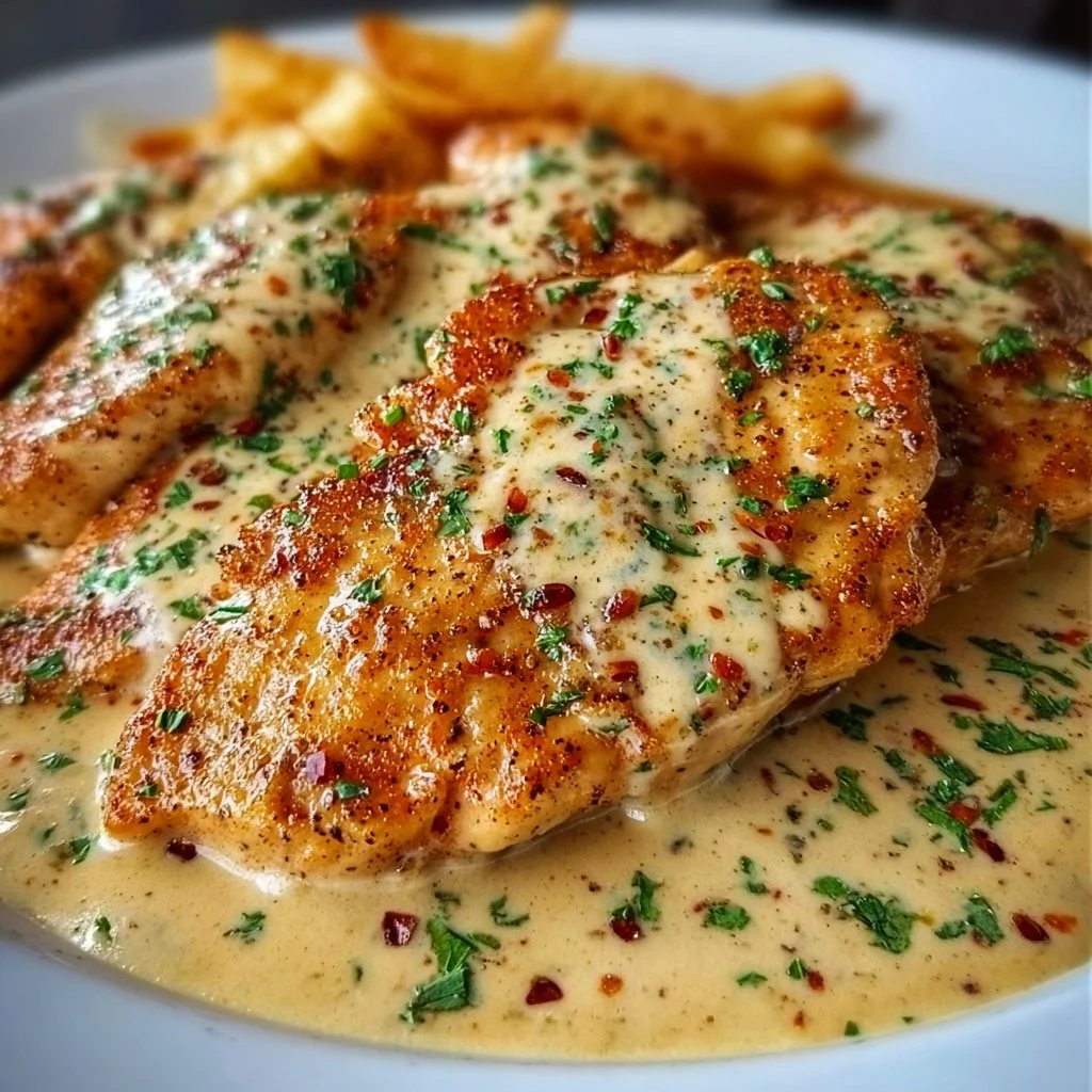 Delicious Chicken Fillet in spicy creamy garlic-Parmesan sauce served on a plate.