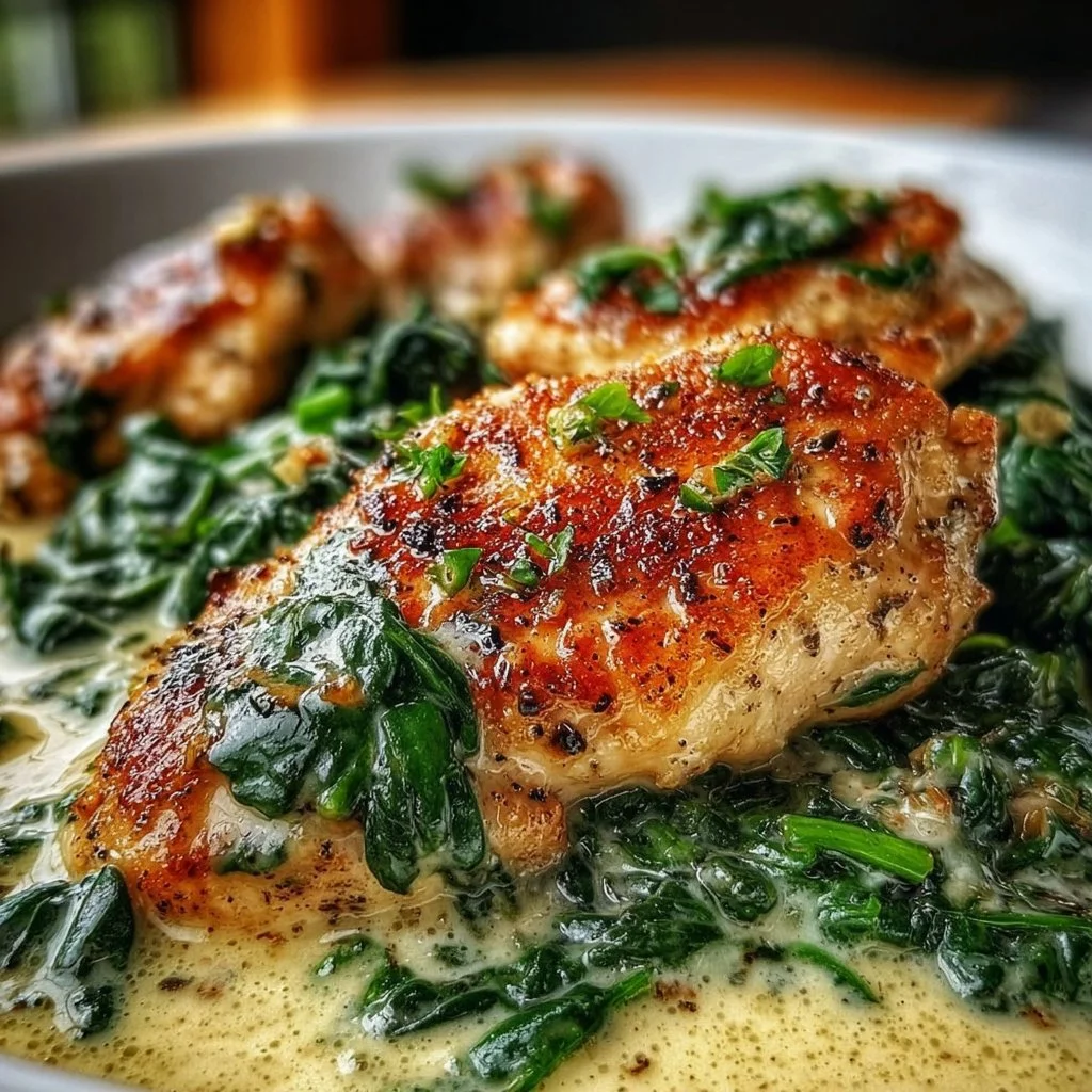 Creamy Chicken Florentine with spinach and a rich sauce on a plate