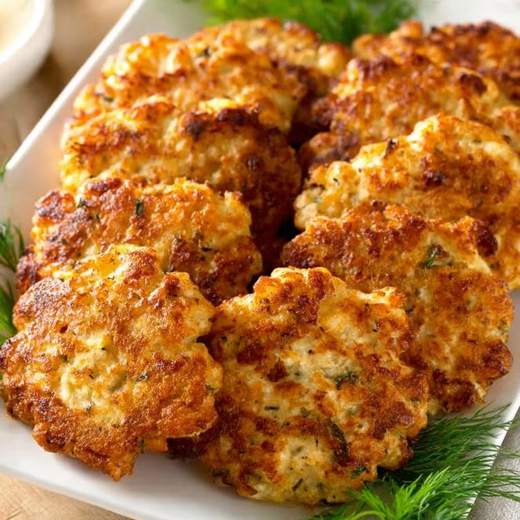Bowl of delicious chicken fritters served with dipping sauce