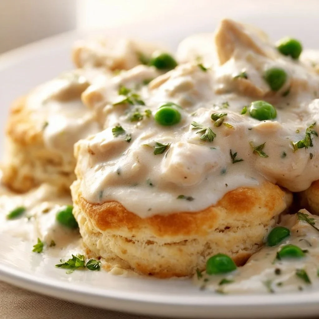 Delicious chicken gravy poured over fluffy biscuits on a plate