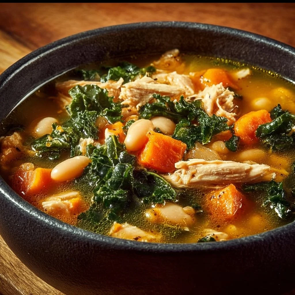 Chicken, kale, and white bean soup in a rustic bowl