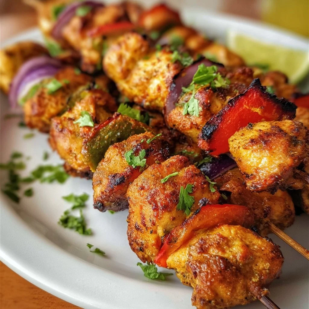 Delicious chicken kebab skewers served on a plate with fresh vegetables