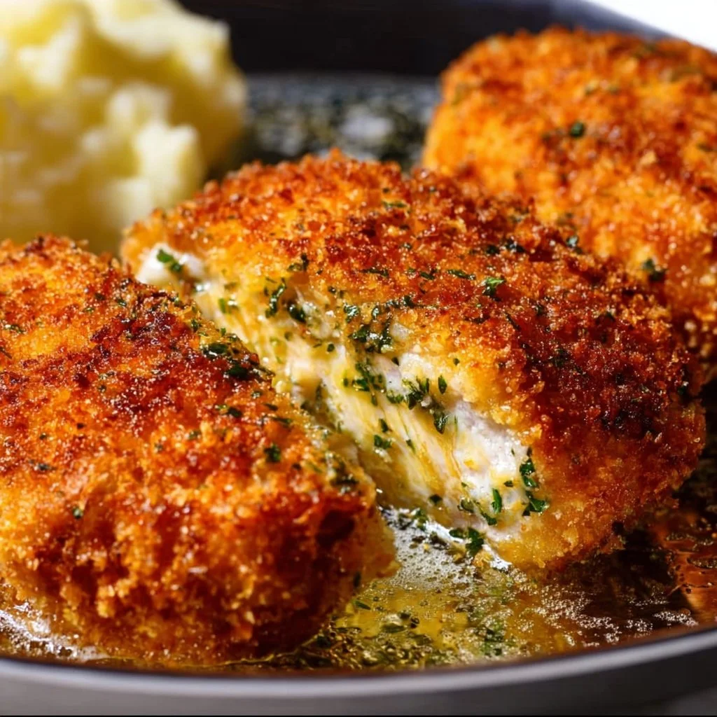 Delicious homemade Chicken Kiev with herb butter filling, served on a plate