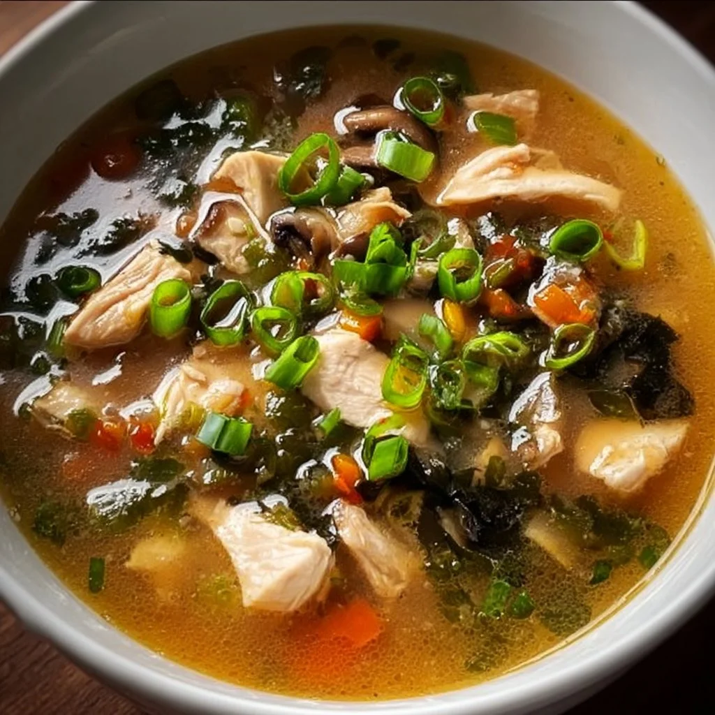Bowl of Chicken Miso Soup garnished with green onions and tofu