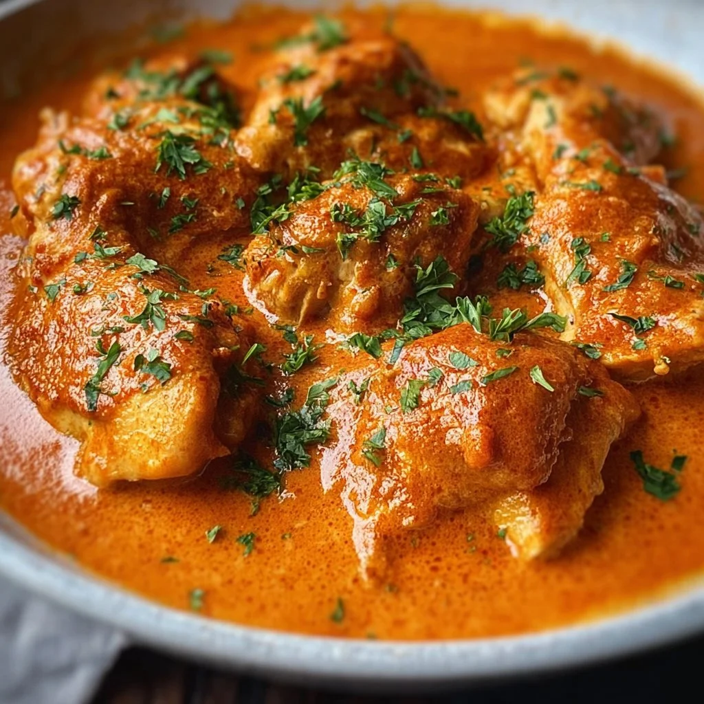 Bowl of Chicken Paprikash with noodles and fresh herbs, traditional Hungarian dish