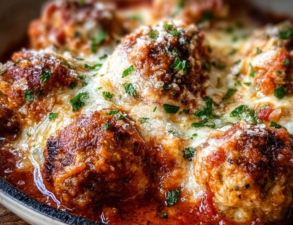 Delicious Chicken Parmesan Meatballs served with marinara sauce and cheese