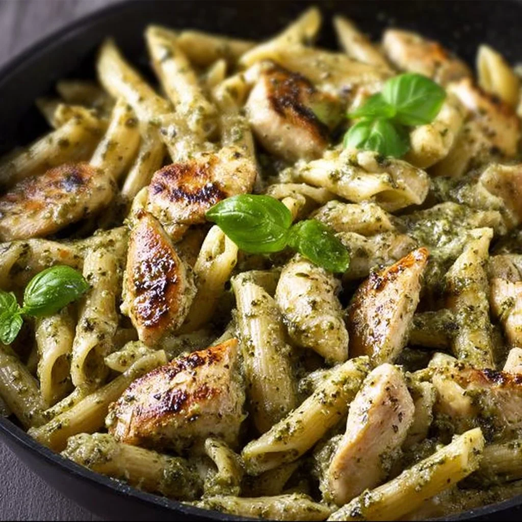 Creamy Chicken Pesto Pasta garnished with fresh basil and parmesan cheese