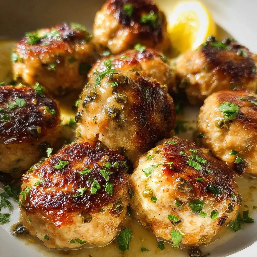Plate of Chicken Piccata Meatballs garnished with lemon and capers