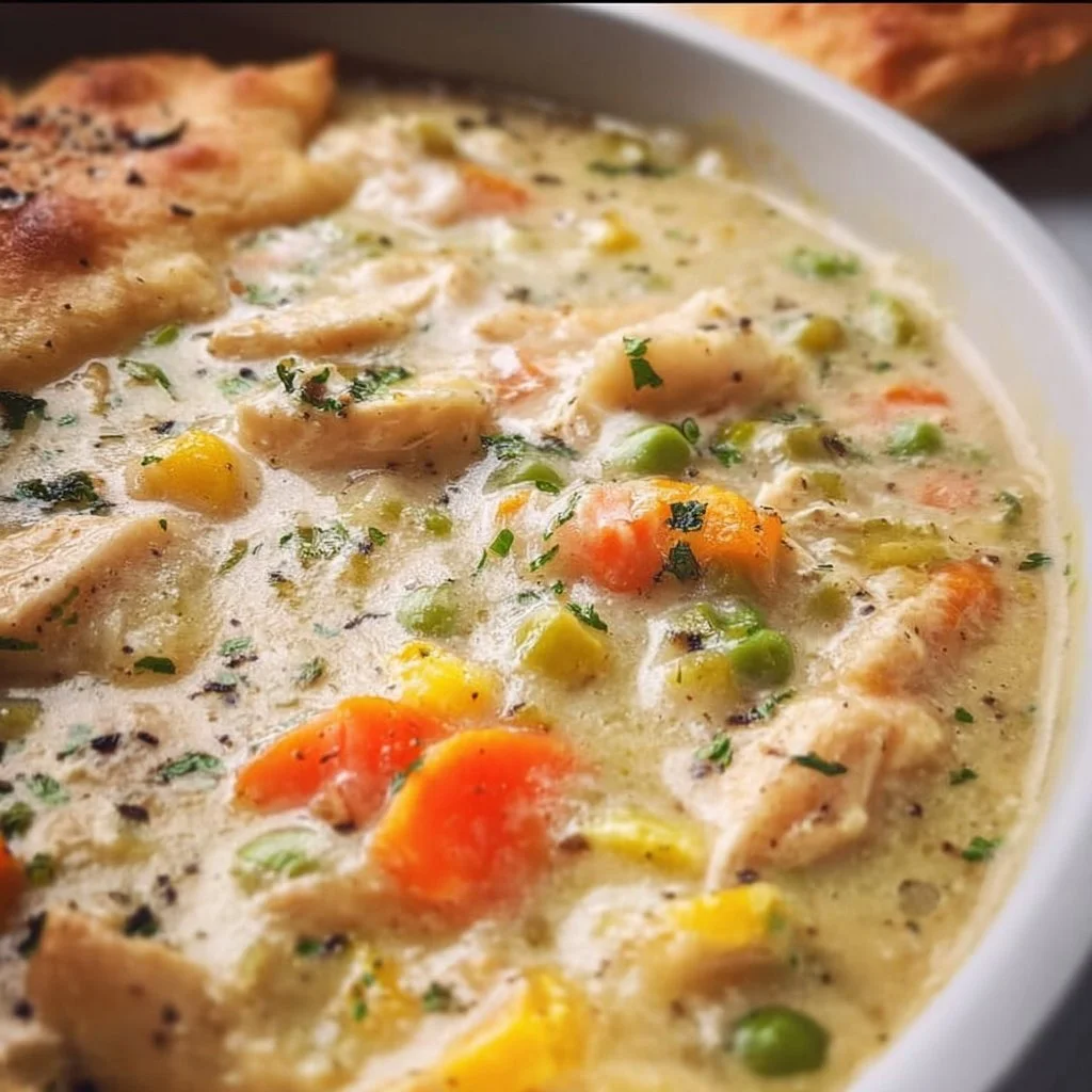 Delicious Chicken Pot Pie Soup served in a bowl with fresh herbs