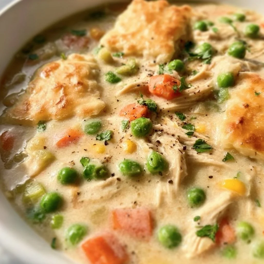 Delicious bowl of Chicken Pot Pie Soup garnished with fresh herbs
