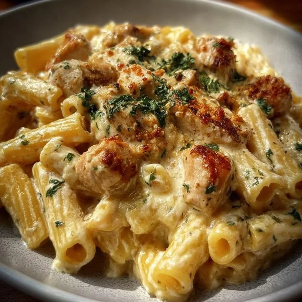 Creamy Chicken Rigatoni Alfredo served with a sprinkle of parsley