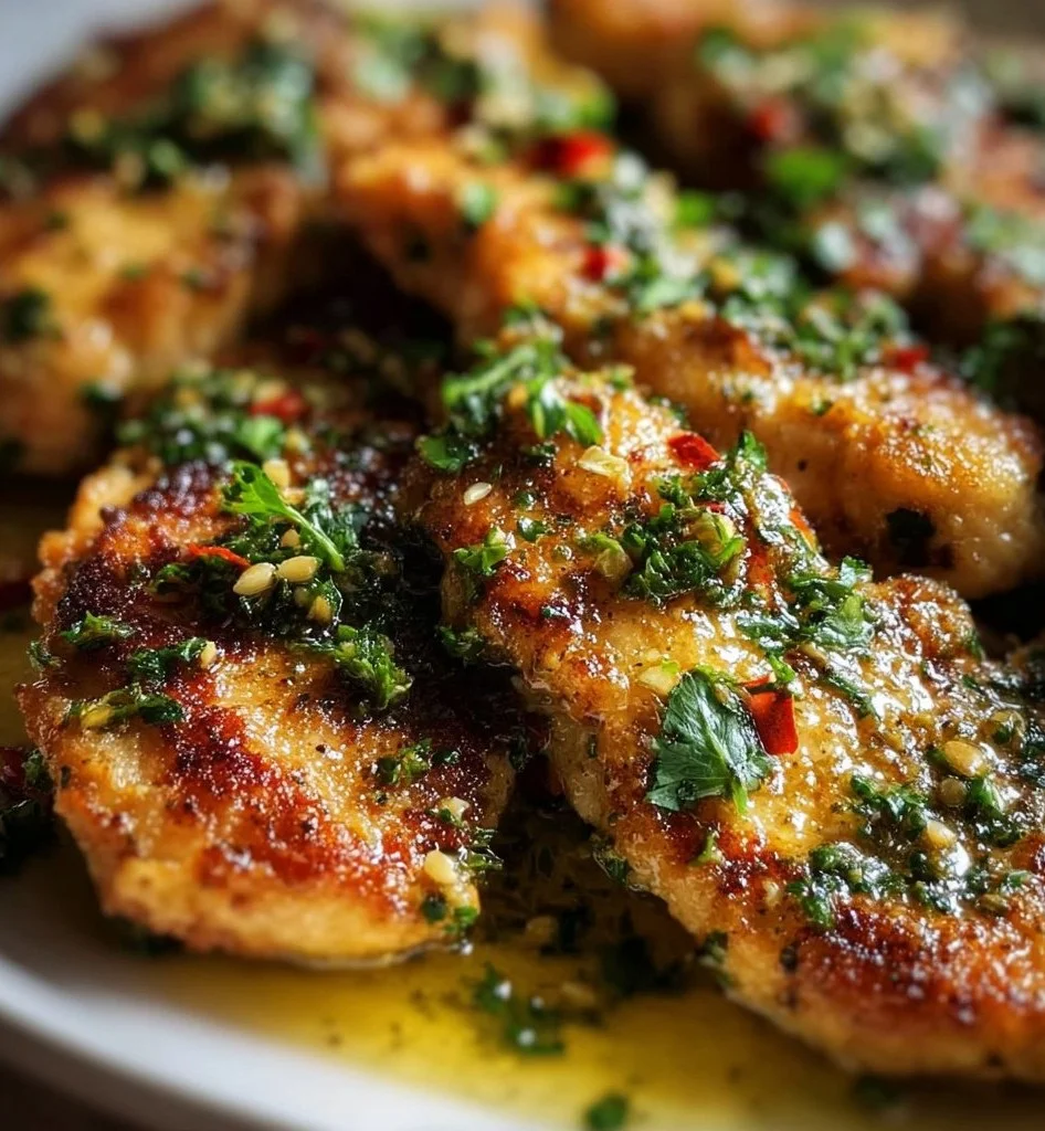 Juicy Chicken Salmoriglio garnished with herbs and lemon
