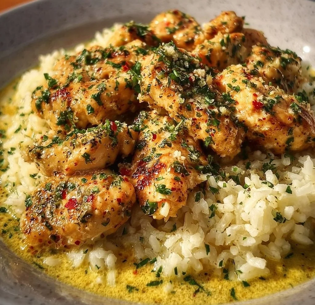 Delicious Chicken Scampi served with Garlic Parmesan Rice