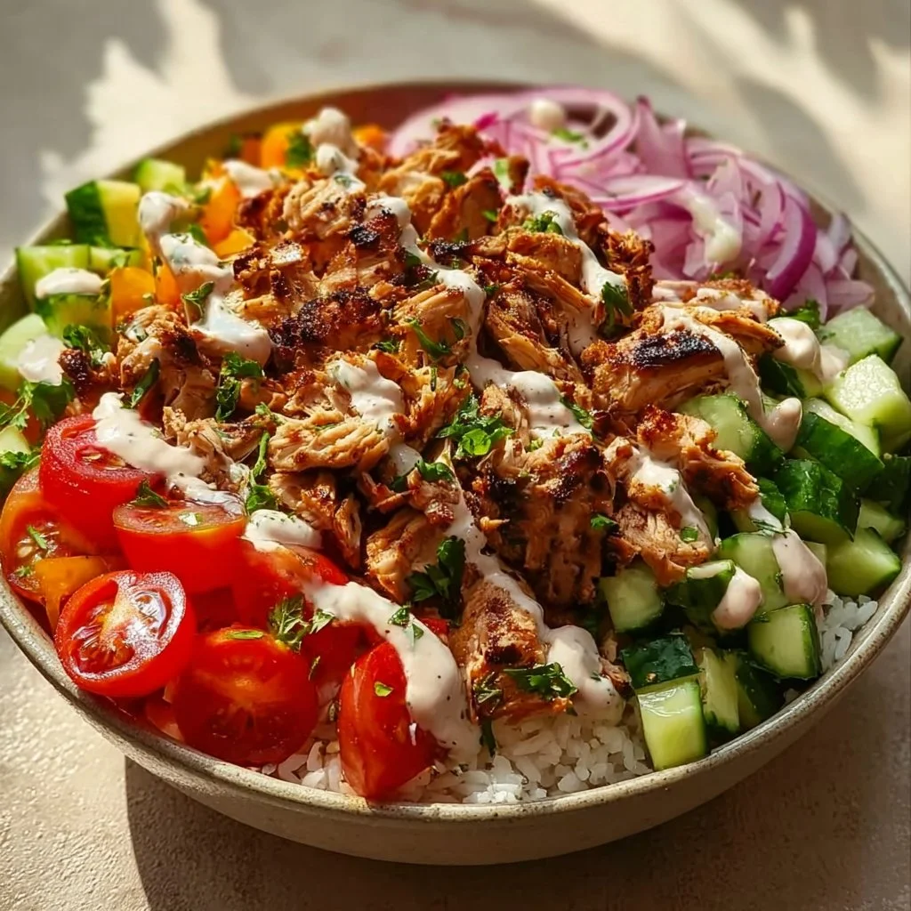 Delicious Chicken Shawarma Bowl topped with fresh vegetables and sauces