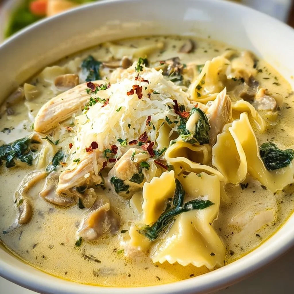 Bowl of creamy Chicken Spinach Alfredo Lasagna Soup topped with spinach and cheese.