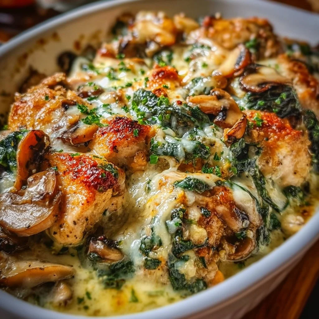 Chicken Spinach and Mushroom Low Carb Casserole in a baking dish