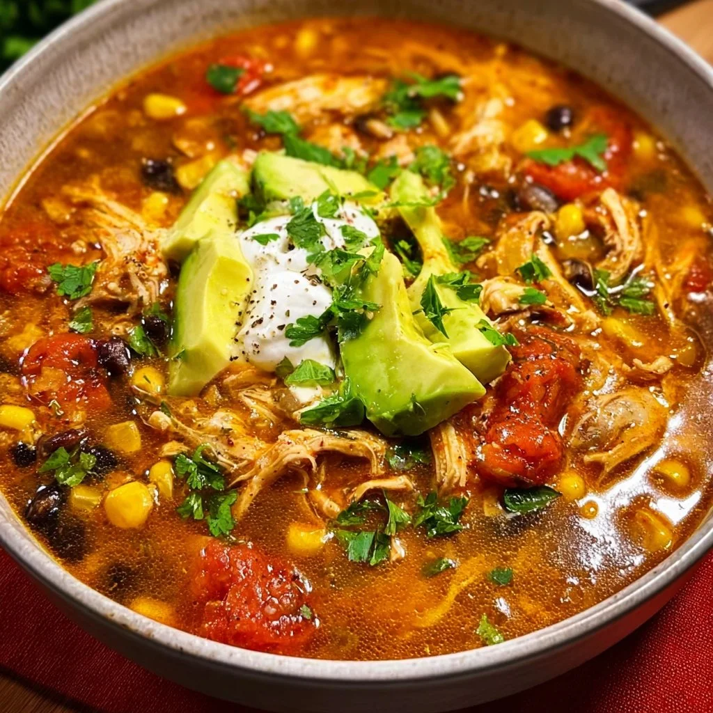 Hearty bowl of Chicken Taco Soup with toppings of cheese and cilantro