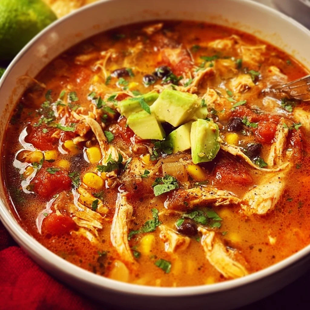 Delicious bowl of chicken taco soup topped with fresh herbs and tortilla chips