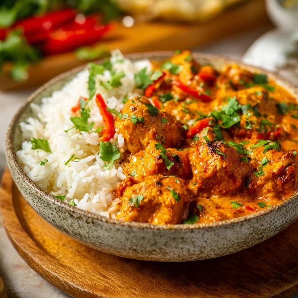Delicious Chicken Tikka Masala served with rice and garnished with cilantro.