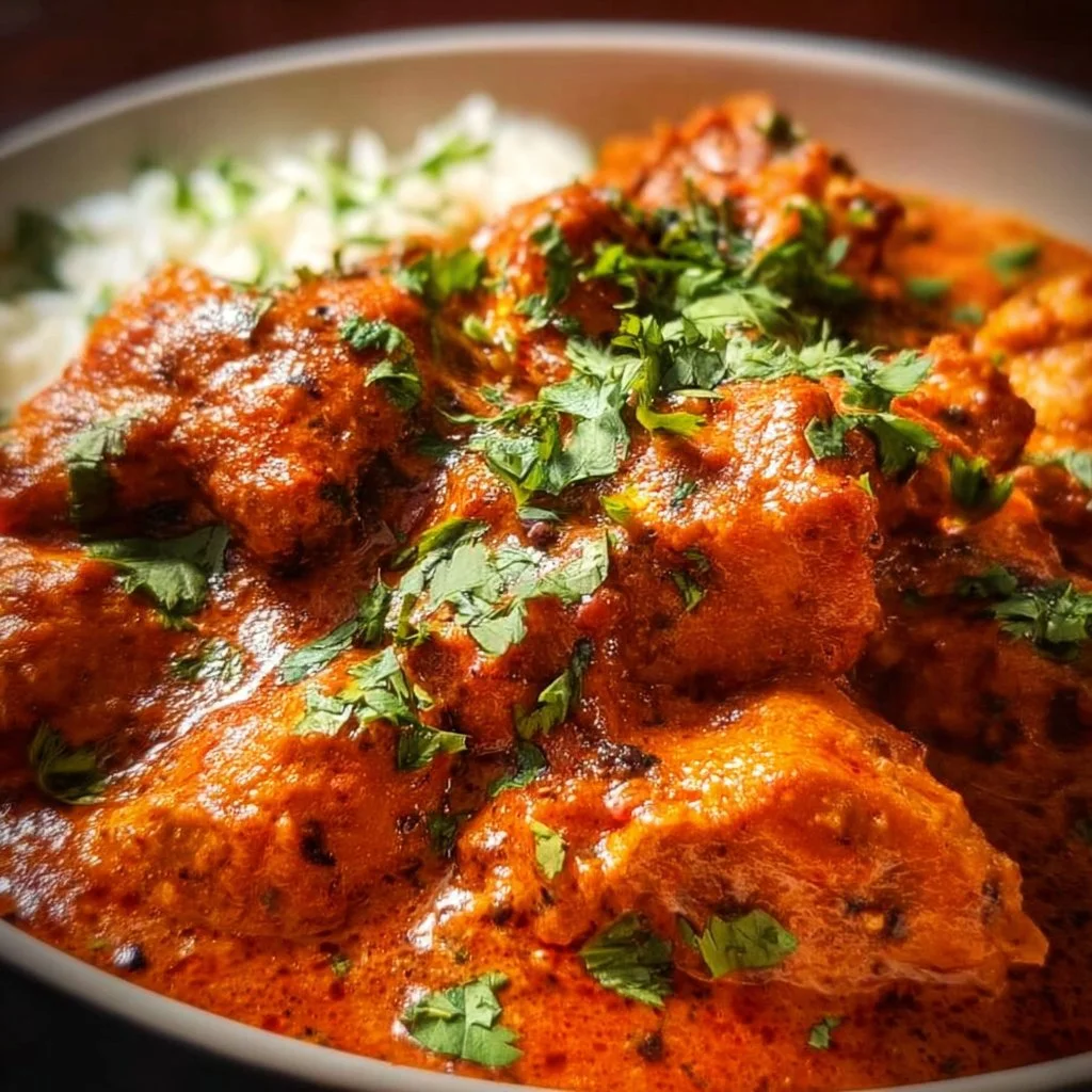 Delicious Chicken Tikka Masala served with rice and naan bread