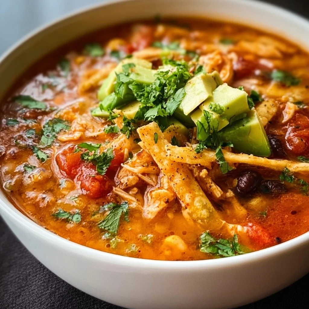 Bowl of Chicken Tortilla Soup topped with tortilla strips and avocado