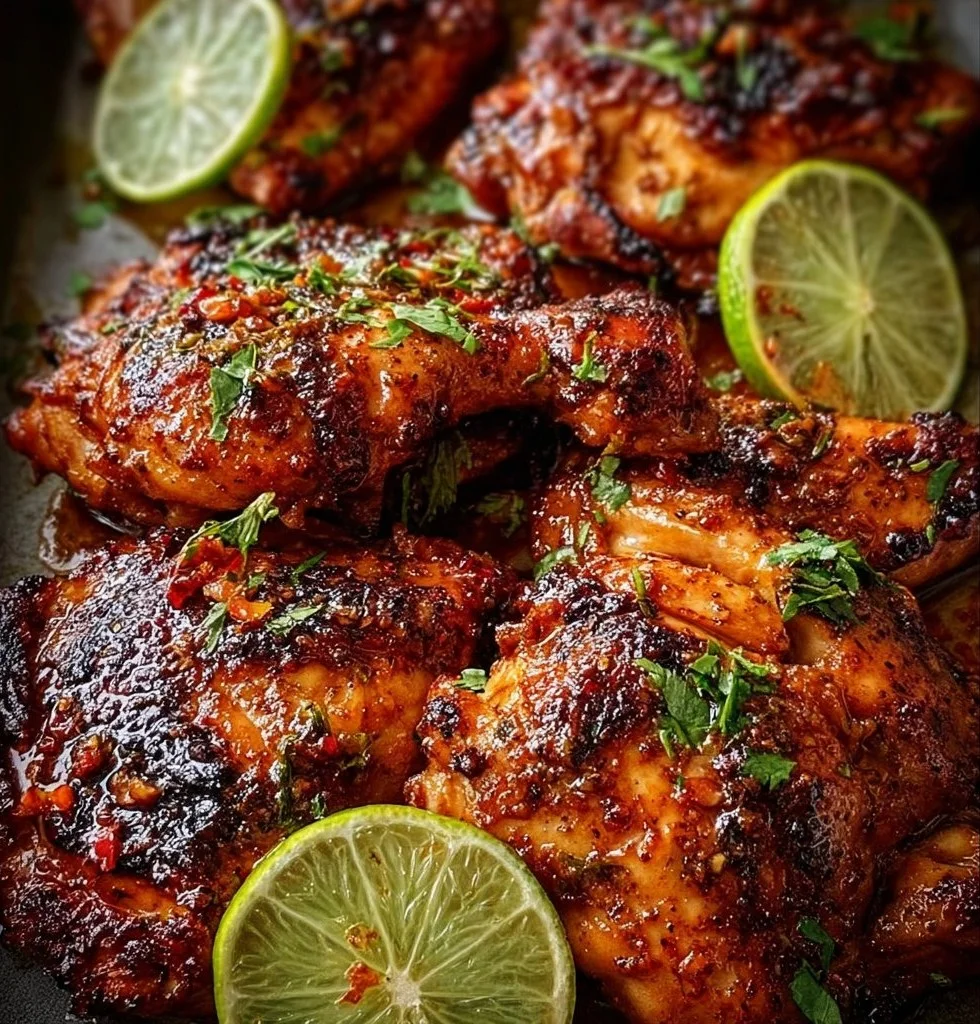 Grilled Chili Lime Chicken garnished with fresh lime and cilantro