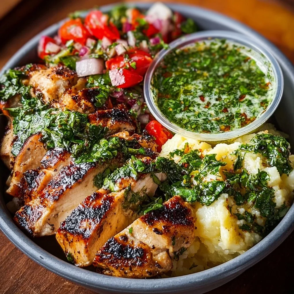 Chimichurri Grilled Chicken Bowl with Garlic Sauce served in a bowl