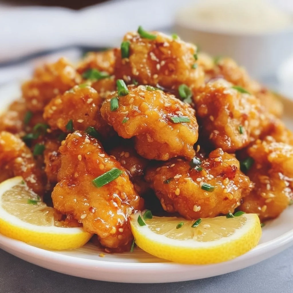 Delicious Chinese Lemon Chicken served with a citrus glaze and vegetables