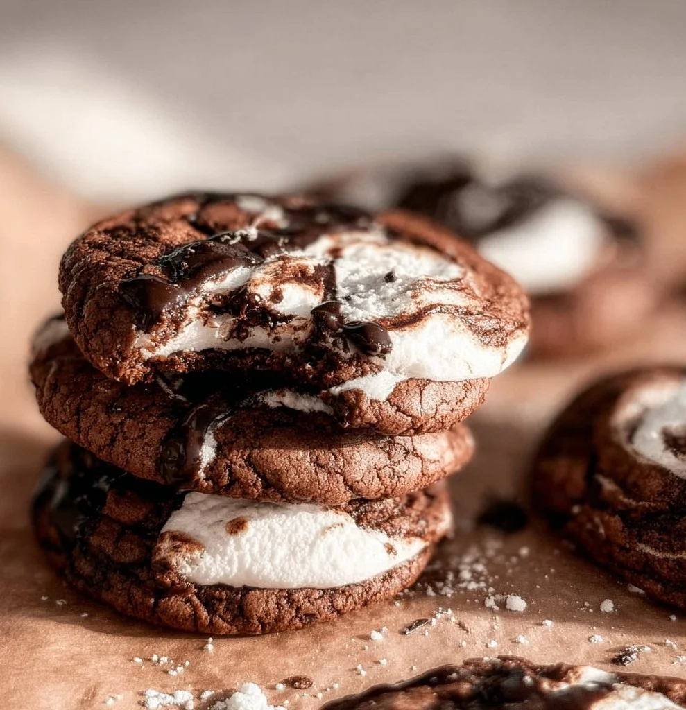 Freshly baked Chocolate Marshmallow Cookies with melted chocolate and fluffy marshmallows