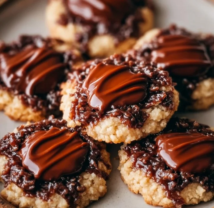 Delicious Chocolate Thumbprint Turtle Cookies topped with caramel and nuts
