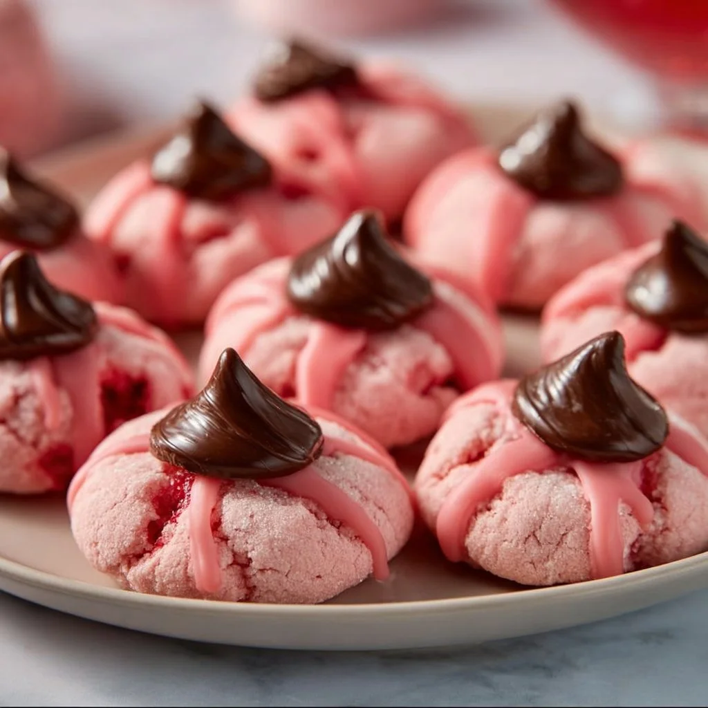 A plate of festive Christmas Cherry Blossom Cookies decorated with floral designs.