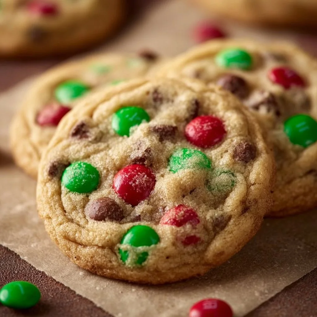 Delicious Christmas chocolate chip M&M's cookies fresh from the oven.