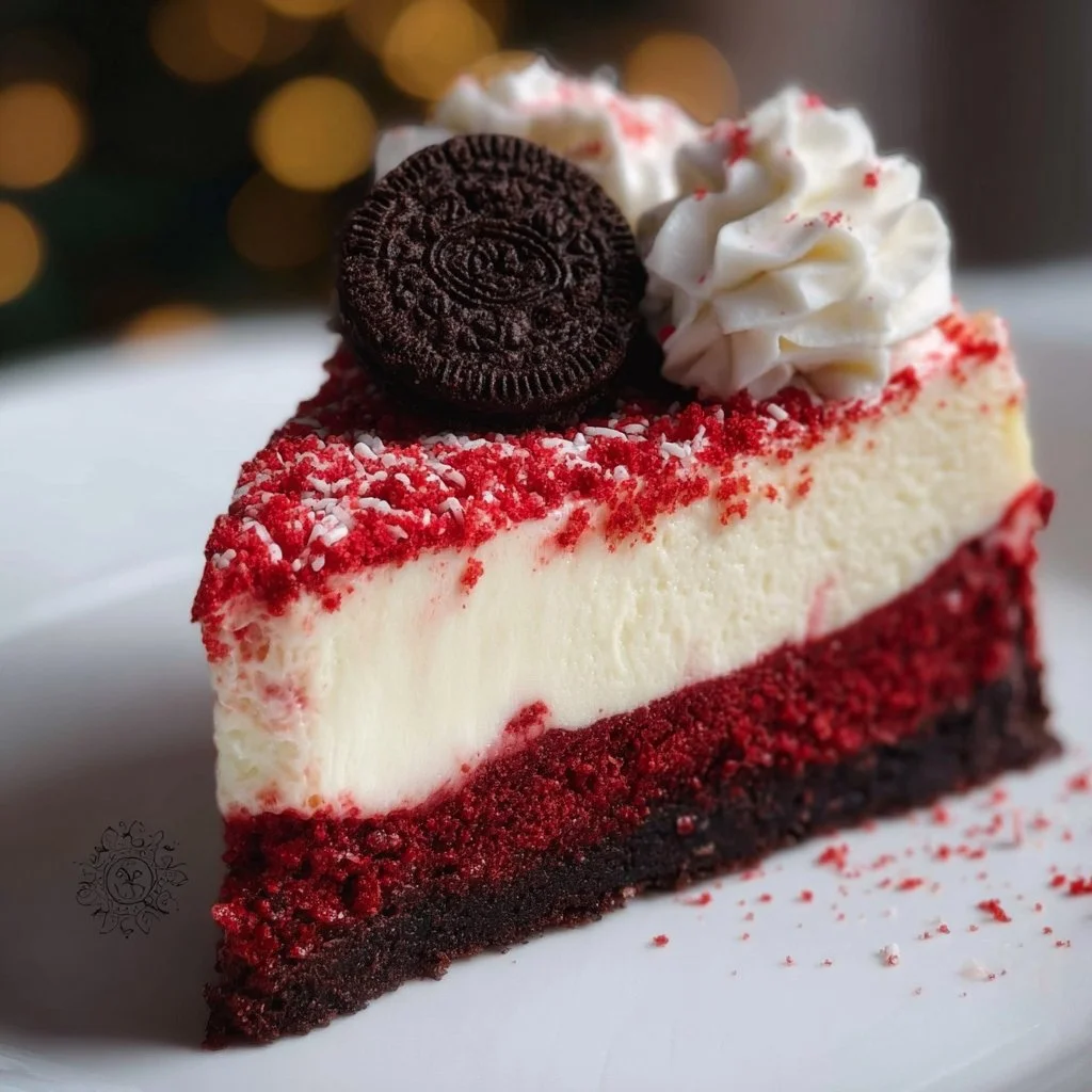 Christmas Red Velvet Cheesecake with festive decorations