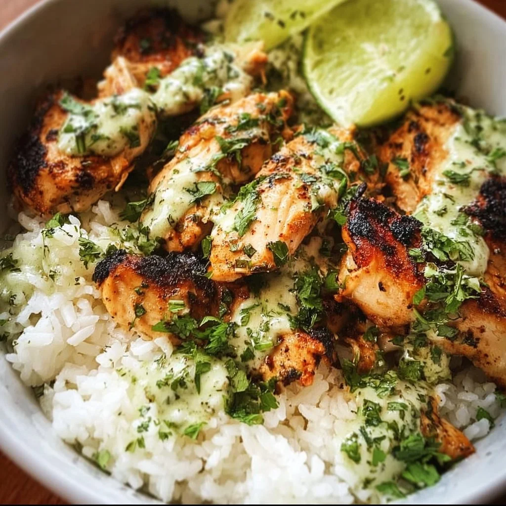 Cilantro lime chicken rice bowl served with fresh vegetables and lime slices