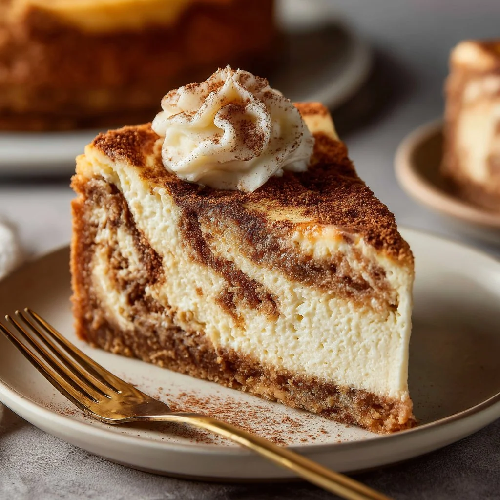 Slice of delicious Cinnamon Swirl Cheesecake with a cinnamon topping